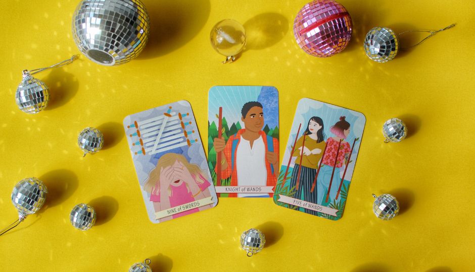 Illustration of three tarot cards (Nine of Swords, Knight of Wands, Five of Wands) surrounded by disco balls on a yellow background.