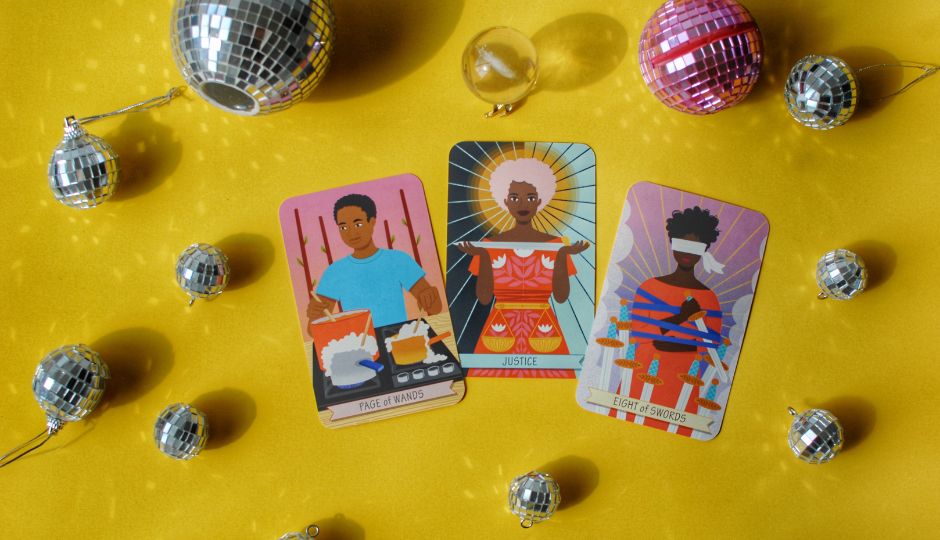 Illustration of three tarot cards (Page of Wands, Justice, Eight of Swords) surrounded by disco balls on a yellow background.