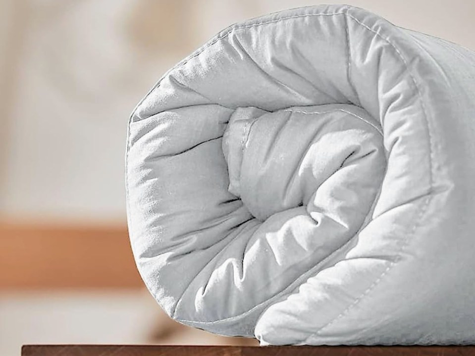 Rolled-up weighted blanket.