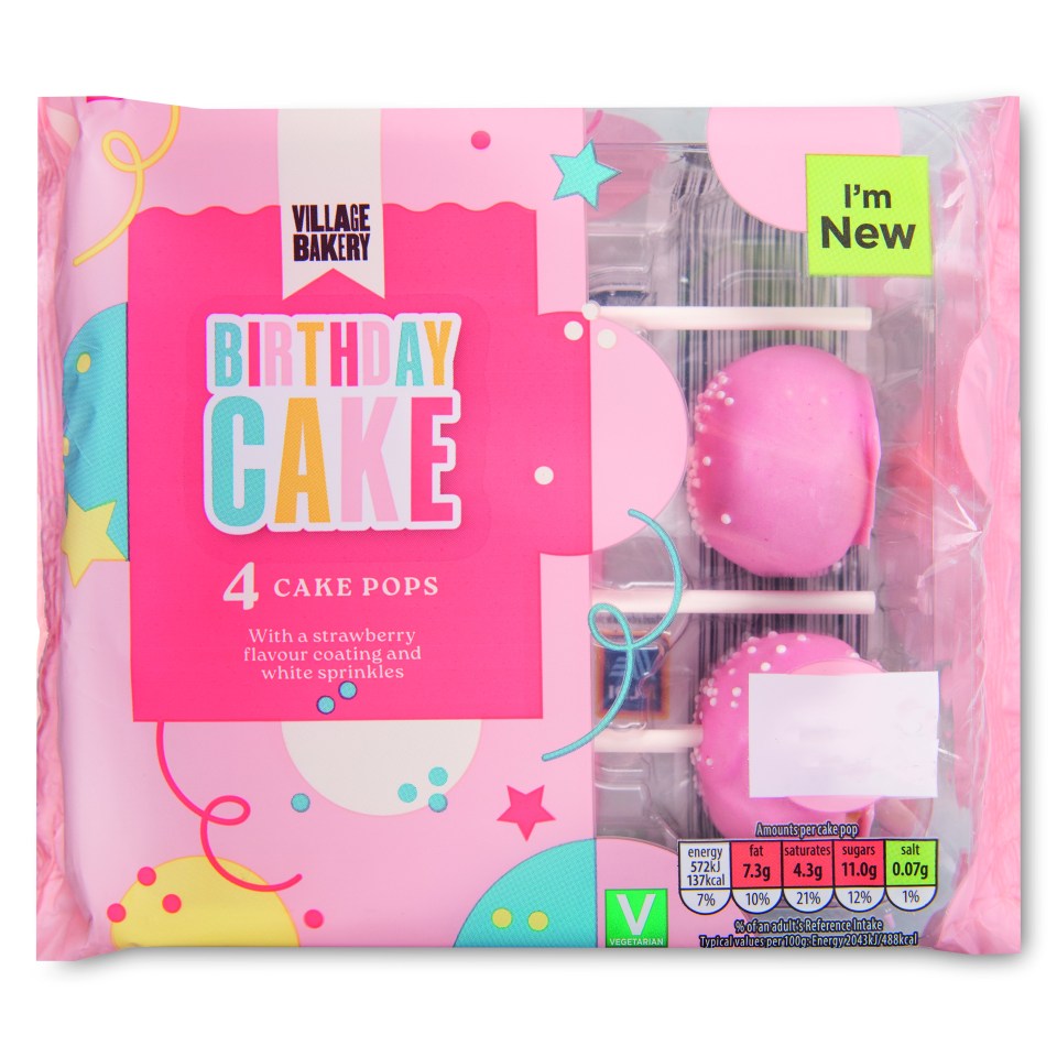 Package of four strawberry-flavored birthday cake pops with white sprinkles.