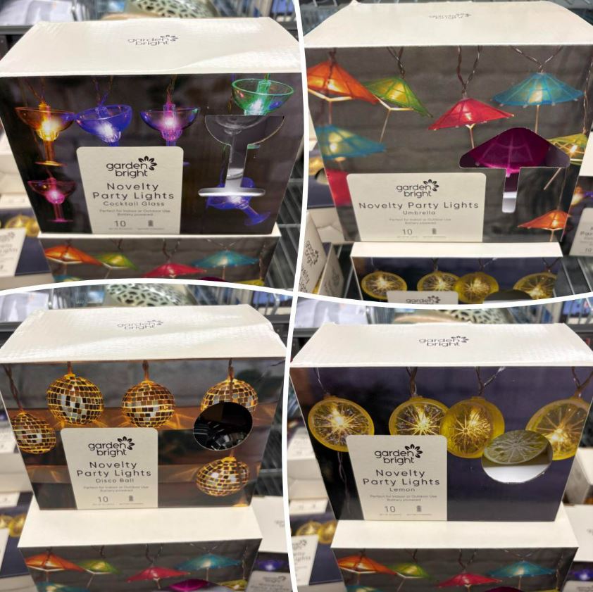 Collage of four boxes of Garden Bright novelty party lights: cocktail glasses, umbrellas, disco balls, and lemons.