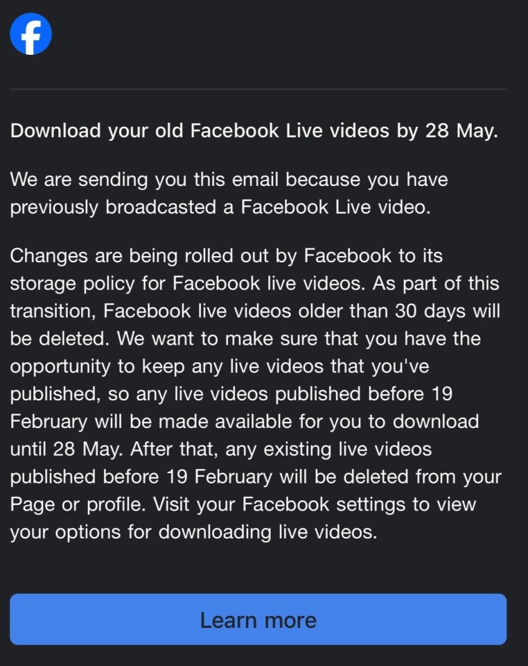 Email notification about downloading old Facebook Live videos by May 28.