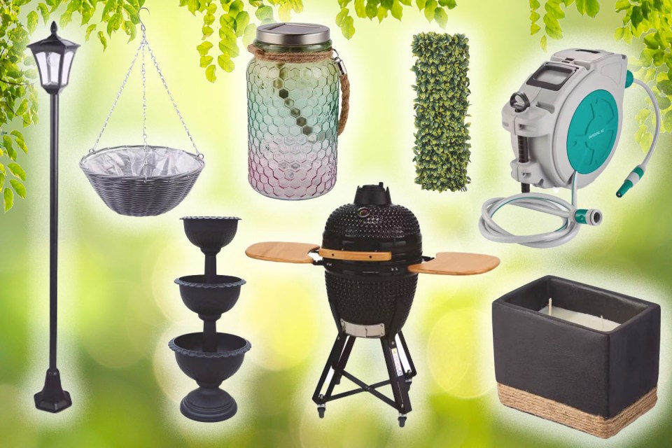 Collage of garden and outdoor products.