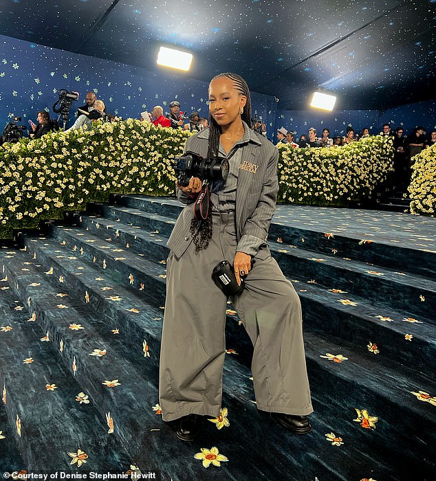 Denise Stephanie Hewitt was sitting at a lunch table at a New York University freshmen orientation event she was working at when the Vogue team emailed asking her to shoot Simone Biles before the 2021 Met Gala (pictured: Hewitt at the 2025 Met Gala)