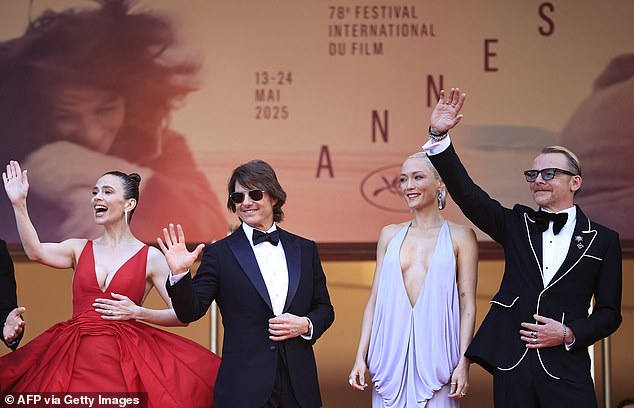 M:I8 which has faced multiple delays, is finally due to hit cinemas on May 23 (Tom pictured with Hayley Atwell, Pom Klementieff and Simon Pegg at the Cannes premiere on Wednesday)