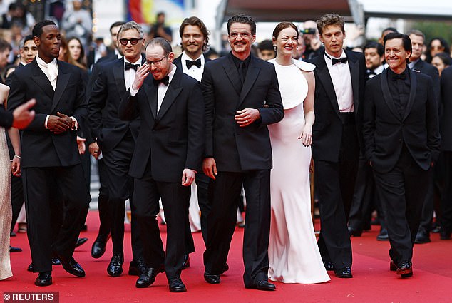 The western horror movie, which releases July 18, stars Michael Ward, Joaquin Phoenix, Luke Grimes, Pedro Pascal, Emma and Austin Butler (pictured L-R)