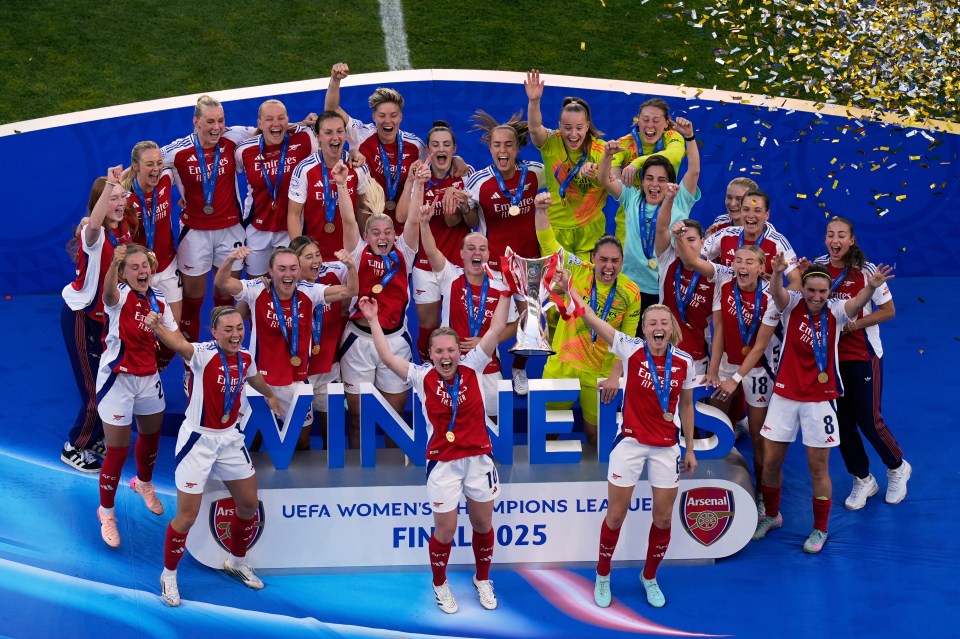Arsenal women's soccer team celebrating their Champions League victory.