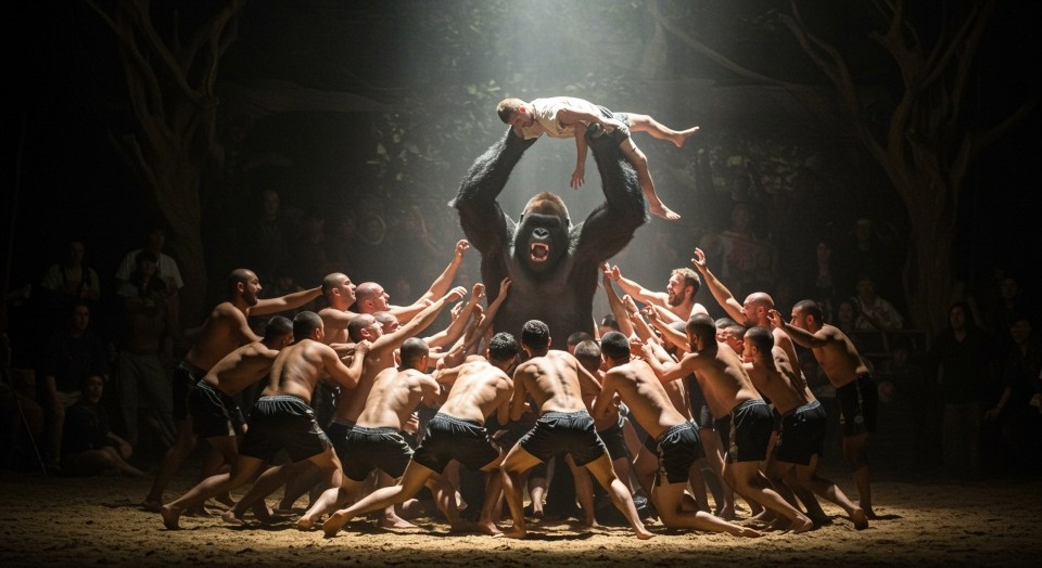 A gorilla lifts a man while surrounded by many men trying to pull it down.