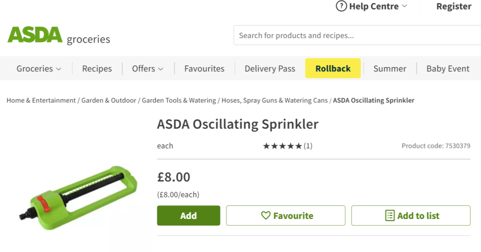 ASDA oscillating sprinkler product page.