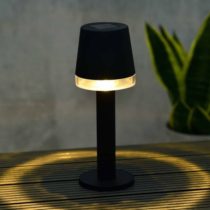 Black solar-powered lamp.