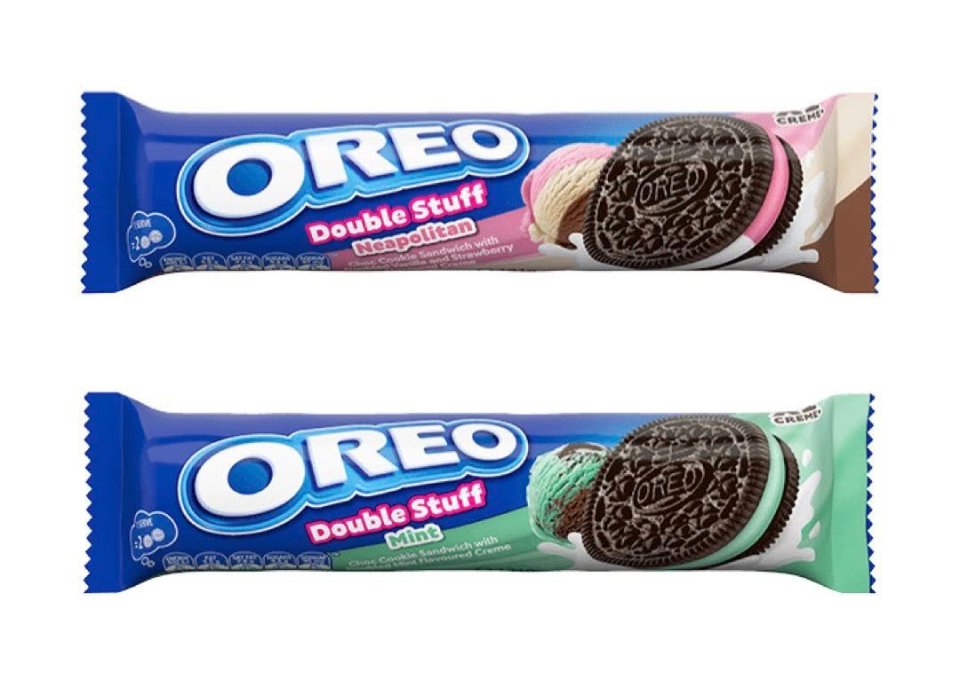 Two packages of Oreo Double Stuff cookies: Neapolitan and Mint.