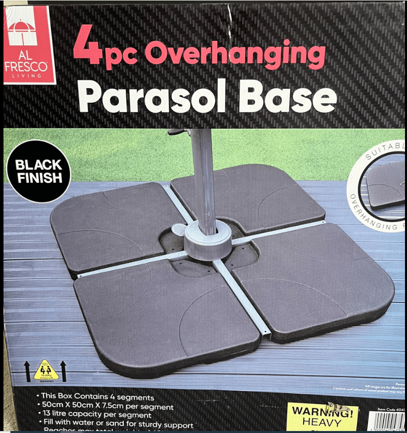 Four-piece overhanging parasol base.