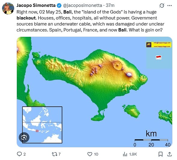 An island-wide blackout hit Bali, in Indonesia, around 4pm local time on Friday