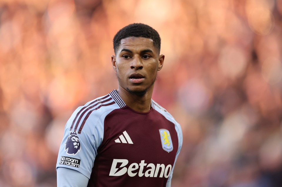 Marcus Rashford of Aston Villa in a soccer uniform.
