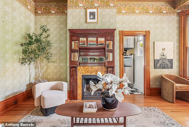 Family room with fireplace, built-ins, and access to the garden