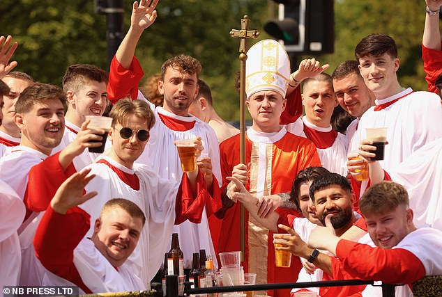 The party animals were seen in an array of fancy dress outfits, with many taking inspiration from the newly-elected Pope Leo XIV
