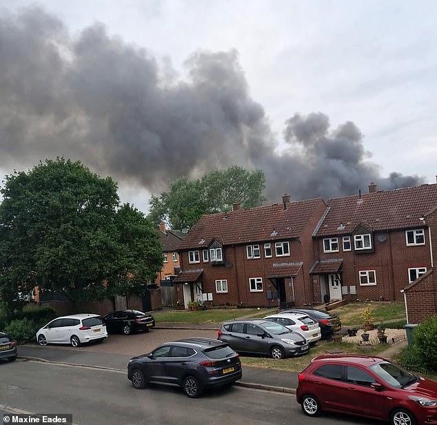 Plumes of smoke billowing from the sky amid the blaze at the former heritage centre yesterday