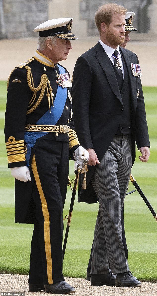 King Charles III and Prince Harry, Duke of Sussex inside Windsor Castle on September 19, 2022
