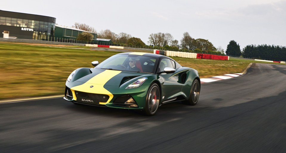 Lotus Emira Clark Edition driving on a racetrack.