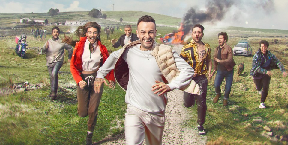 Illustration of a group of people running away from a burning car.