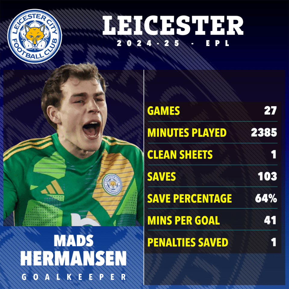 Leicester City goalkeeper Mads Hermansen's 2024-25 EPL season statistics.