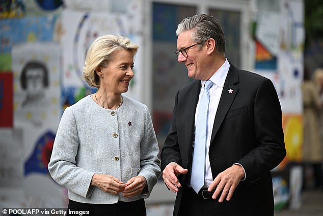 Britain's Prime Minister Keir Starmer is welcomed by European Commission president Ursula Von der Leyen ahead of their meeting during the European Political Community (EPC) summit, in Tirana on May 16, 2025