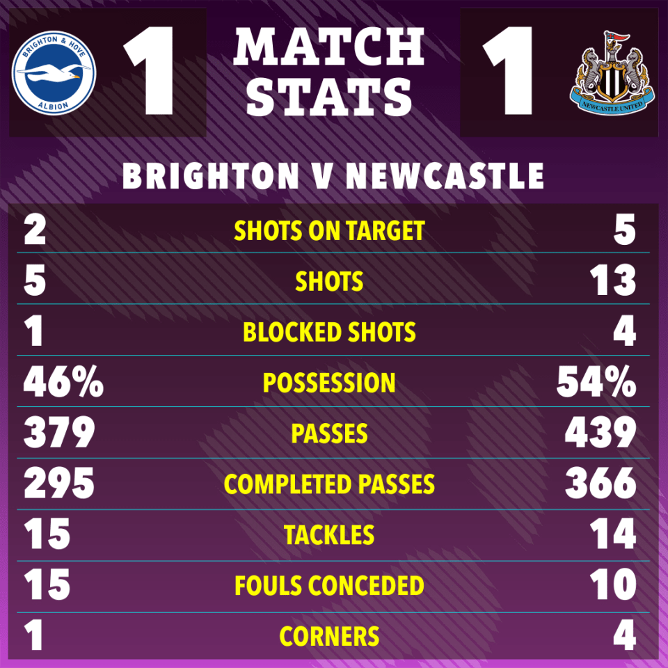 Match stats graphic showing Brighton vs Newcastle: shots on target, shots, blocked shots, possession, passes, completed passes, tackles, fouls conceded, and corners.