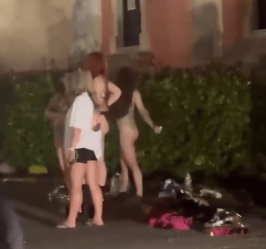 A group of young women, some topless, outside at night.