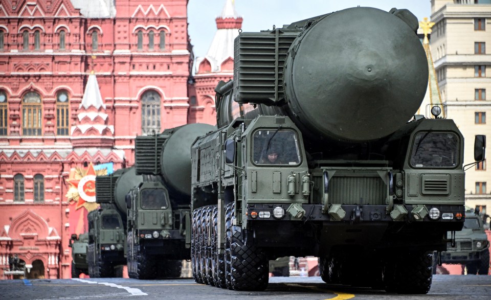 Yars intercontinental ballistic missile launchers at a military parade in Moscow.