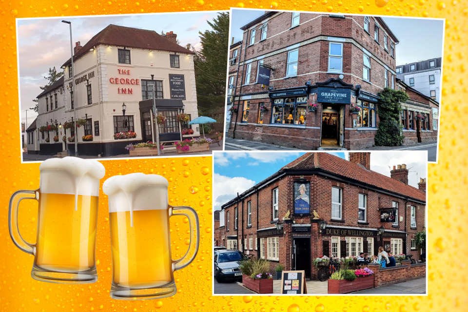 Collage of pubs and beer mugs.