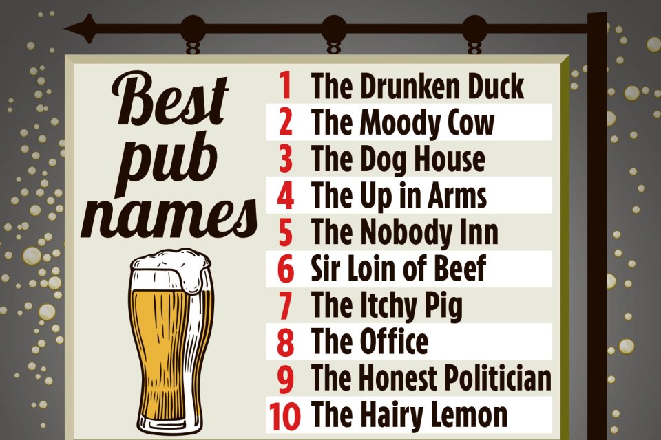 Illustration of a pub sign listing the best pub names.