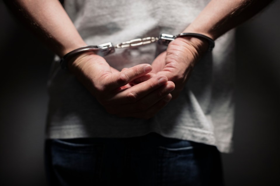 Person with hands cuffed behind their back.