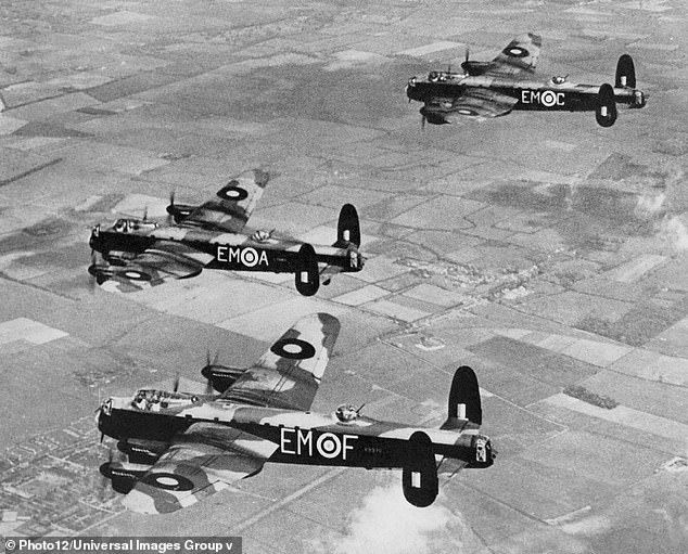 British four-engine Avro Lancaster Mk strategic bombers of the 207th Bomber Squadron of Bomber Command of the Royal Air Force