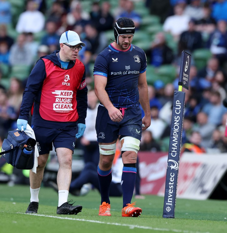 DUBLIN, IRELAND - MAY 03: Caelan Doris of Leinster leaves the field after being replaced during the Investec Champions Cup semi-final match between Leinster Rugby and Northampton Saints at the Aviva Stadium on May 03, 2025 in Dublin, Ireland. (Photo by David Rogers/Getty Images)