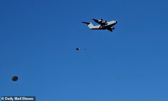 British troops jumped from a RAF A400M over Gotland, Sweden on Tuesday