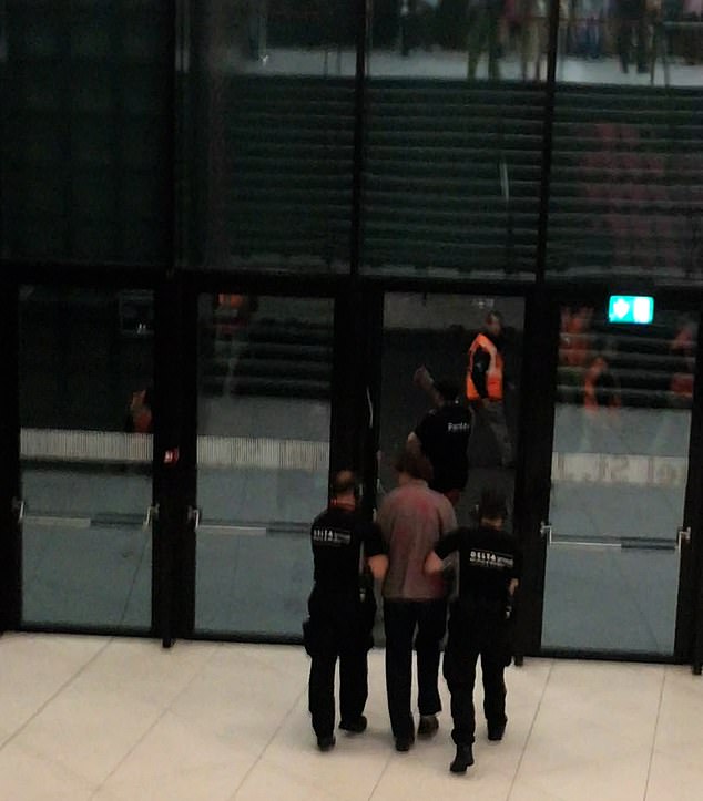 A spokesman for Swiss broadcaster SRG SSR said the pair were escorted from the venue (pictured) and 'handed over to the police'