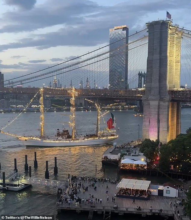 The vessel was seen in horrifying footage colliding with Brooklyn Bridge just before 9pm on Friday night