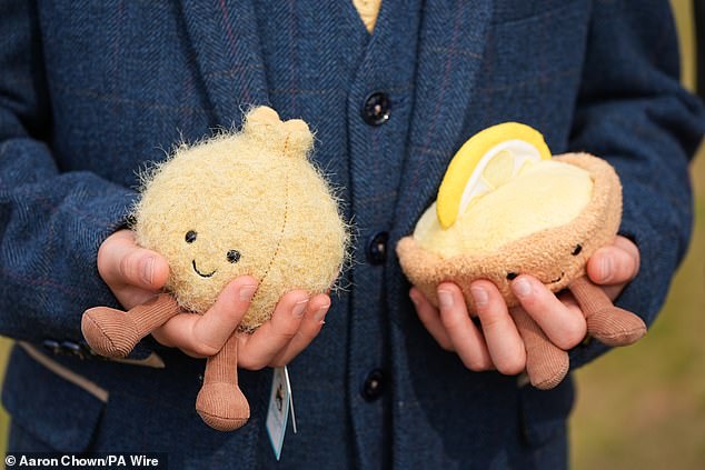 The Jellycat soft toys presented to the Prince and Princess of Wales by the family of Liz Hatton, mother Vicky Robayna, father Aaron and brother Mateo at a Royal Garden Party at Buckingham Palace