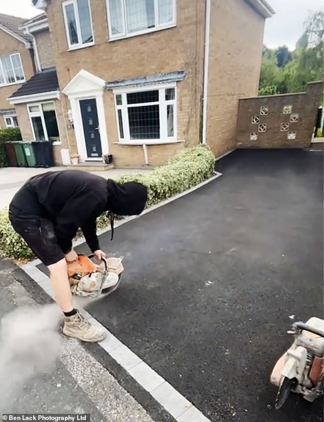 Kendall Contractors Ltd, based in Leeds, posted footage of builders demolishing the homeowners driveway with the caption: 'Can't pay? We'll take it away'