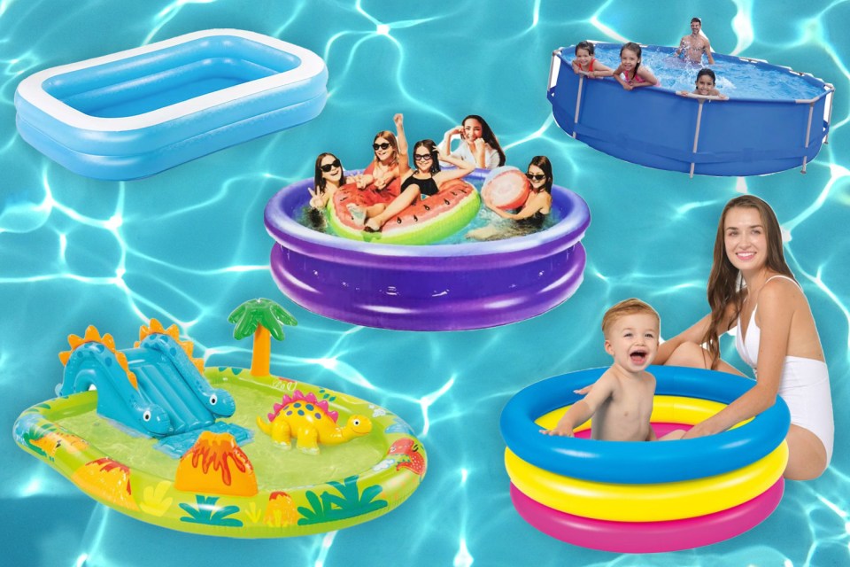 Collage of inflatable pools for children and families.
