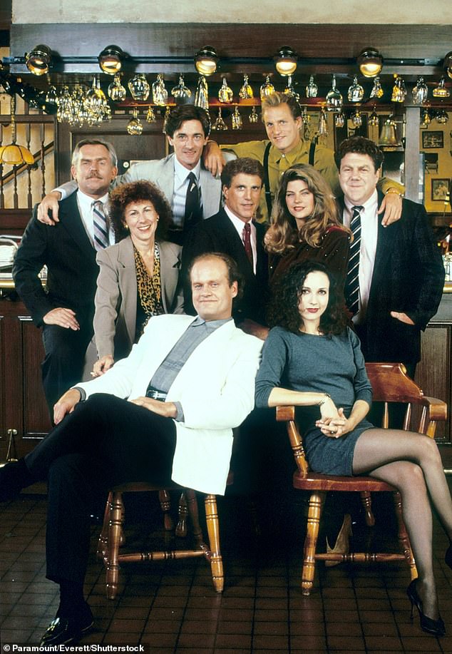 The legendary actor, played the beloved barfly on the hit NBC show from 1982-1993 and earned six consecutive Emmy nominations for the role - pictured top right with the cast - Rhea Perlman, Ted Danson, Woody Harrelson, John Ratzenberger, Kelsey Grammer, Kirstie Alley, Roger Rees and Bebe Neuwirth in the 1980s
