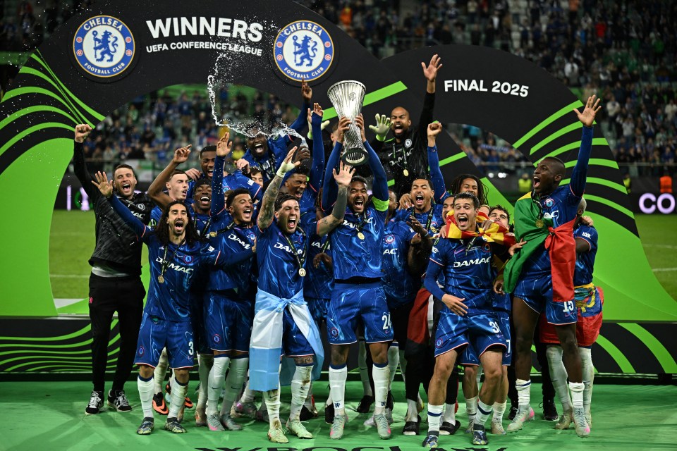 Chelsea players celebrating their UEFA Conference League victory.