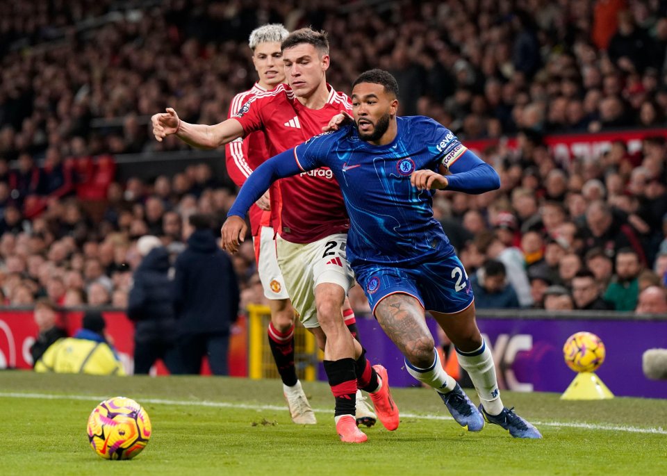 Manchester United's Manuel Ugarte and Chelsea's Reece James vying for the ball during a Premier League match.