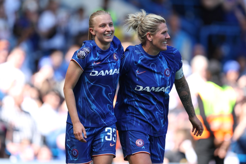 Aggie Beever-Jones and Millie Bright of Chelsea celebrating a goal.