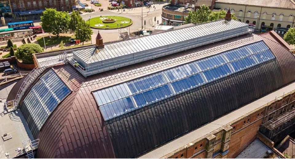 Aerial view of Derby Market Hall's roof with new glass panels.