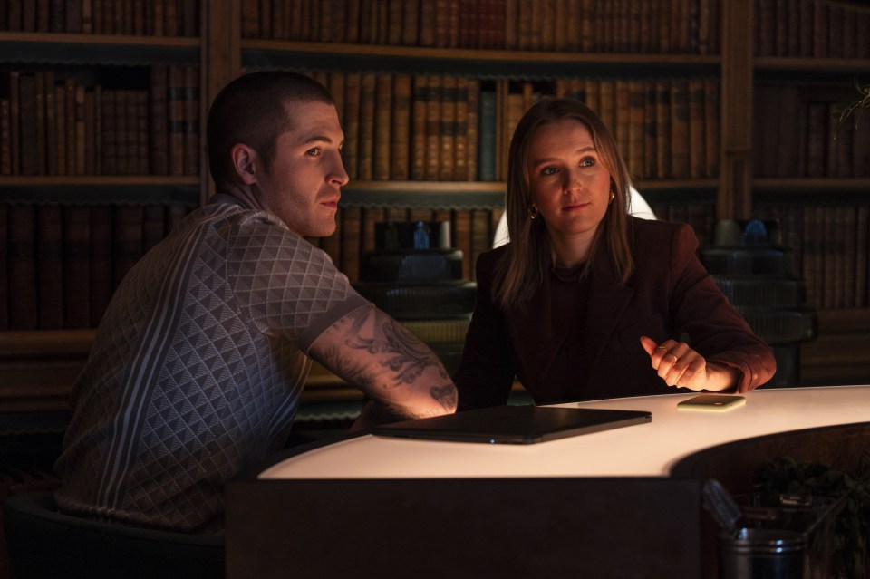 Still image from the ITV crime drama *Code of Silence*, showing Kieron Moore as Liam Barlow and Rose Ayling-Ellis as Alison Brooks.