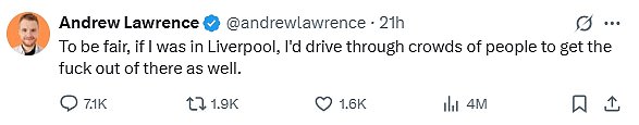 Vile comic Andrew Lawrence took to social media to make the 'horrific' remark yesterday afternoon, before a police statement where it was revealed that the eleven victims who remained in hospital were stable and recovering