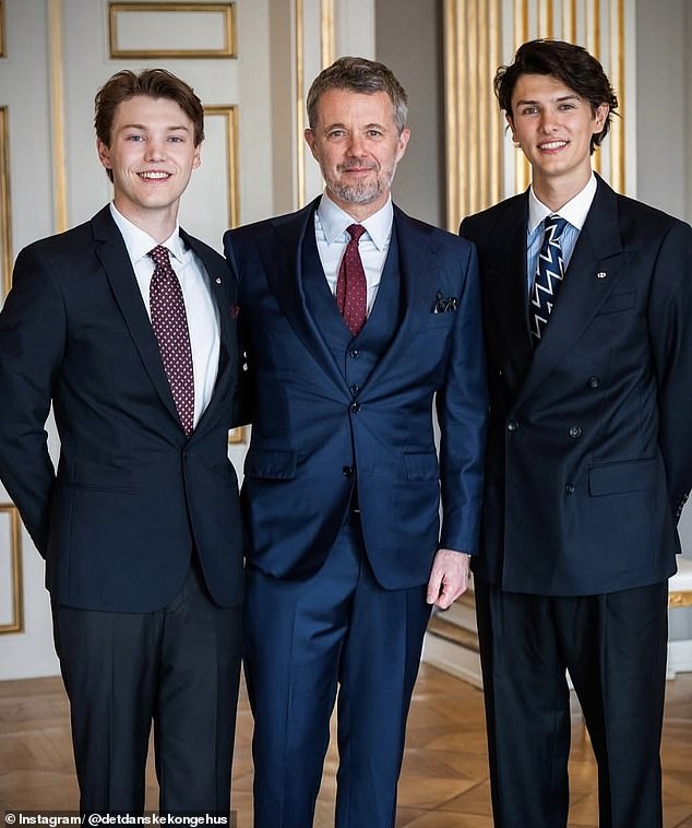 Count Nikolai (pictured right) and Count Felix de Monpezat (pictured left) received a special honour from King Frederik X (pictured centre) yesterday - three years after being stripped of their royal titles