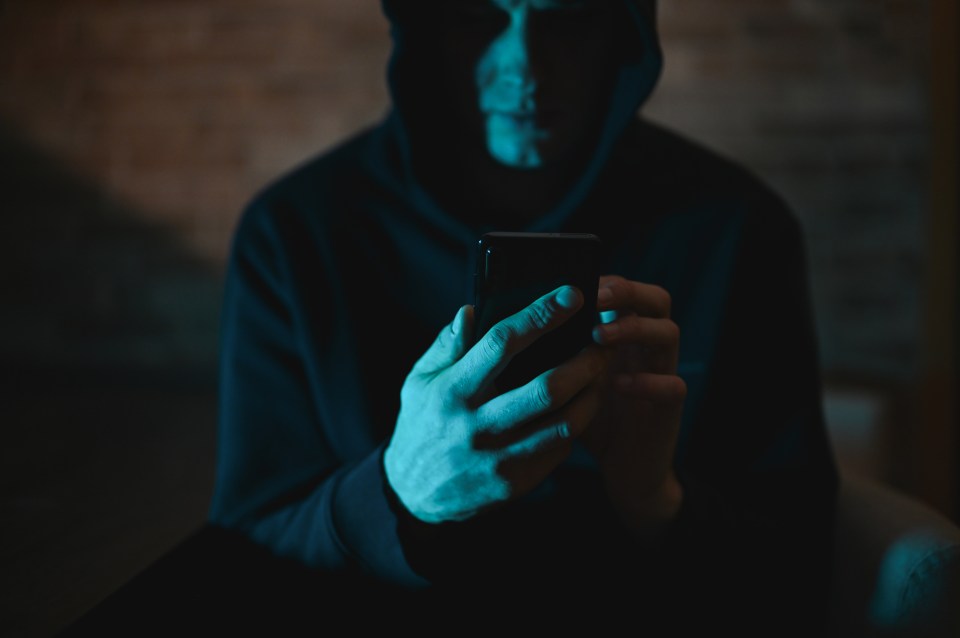 Person in a hoodie using a smartphone in the dark.