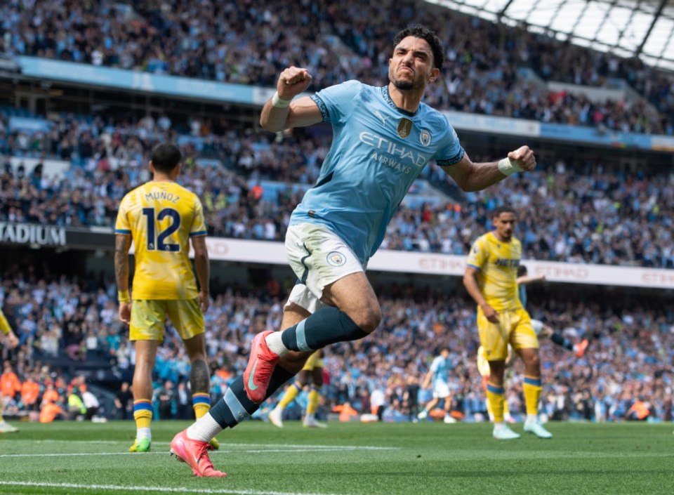 MANCHESTER, ENGLAND - APRIL 12: Omar Marmoush of Manchester City celebrates scoring the second goal during the Premier League match between Manchester City FC and Crystal Palace FC at Etihad Stadium on April 12, 2025 in Manchester, England. (Photo by Visionhaus/Getty Images)
